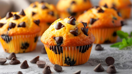 Chocolate chip muffins in yellow paper cups on a grey background with scattered chocolate chips