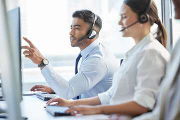 Call center, man and consulting with headphone, conversation and communication in workplace. Group,...