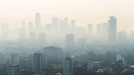 Obraz premium City skyline enveloped in thick smog causing low visibility and highlighting urban air pollution