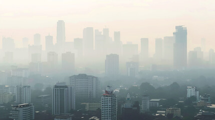 City skyline enveloped in thick smog causing low visibility and highlighting urban air pollution