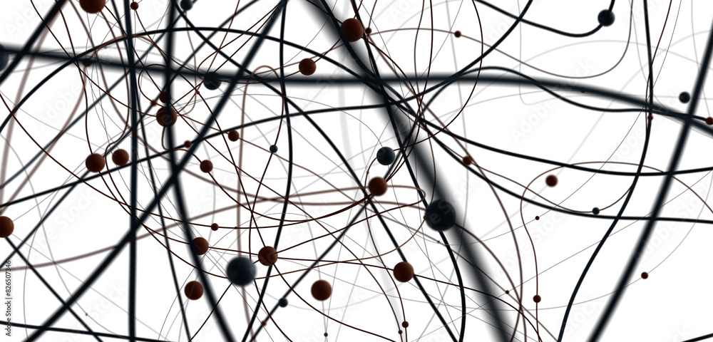 Poster Big data visualization. Network connection structure with chaotic distribution of points and lines. 3D rendering.