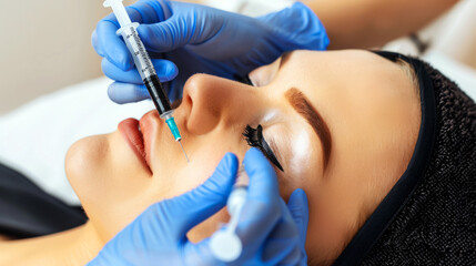 Naklejka premium Cosmetologist administering facial injection to young woman wearing headband, close-up