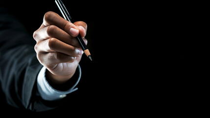 Fototapeta premium Hand of a businessman holding a pen, ready to write, symbolizing communication and business planning.