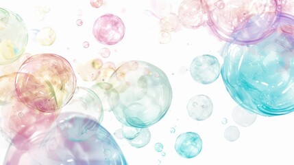 Delicate pastel bubbles floating on a white background.