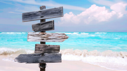 Rustic wooden directional signpost on a beach with turquoise waves and blue sky background