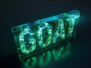 3D letters " GOAT" made of glass, green light inside the cube with reflection on black background