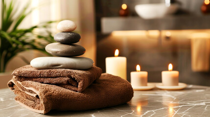 Stacked spa stones on brown towels with lit candles in a tranquil spa setting