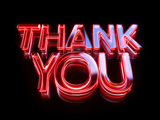 3D extruded text "THANK YOU" made of red glowing glass, on a black background, 3D render.