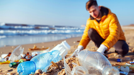 Volunteer cleaning beach by collecting plastic waste into a bag emphasizing environmental conservation