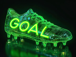 3d render of glowing green soccer boot with word "GOAL" written on it, isolated black background, detailed wireframe hologram