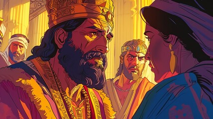 Fototapeta premium Delve into the vibrant cartoon scene depicting King Solomon's quest for divine wisdom and his wise ruling in the famous case of the two women, embodying justice, sagacity, and the essence of wise lead