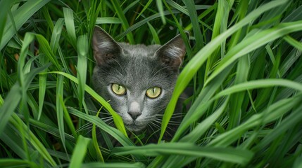 Cat with a gray fur blending into the green grass