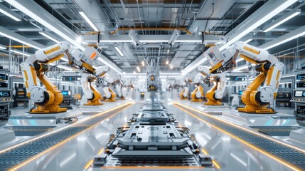 Fototapeta premium An electric vehicle battery unit in a modern industrial factory. EV trends. Production factory.