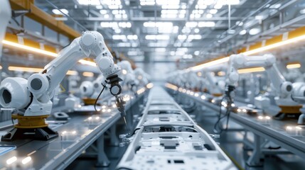 An electric vehicle battery unit in a modern industrial factory.  EV trends. Production factory.