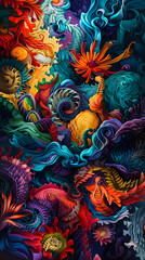 An abstract painting that is full of vibrant colors and intricate details. The painting has a dreamlike quality, and it is easy to get lost in the details.