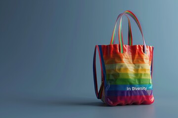 Colorful tote bag with rainbow stripes and "in Diversity" text, displayed on a plain blue background. Stylish and vibrant, representing unity and pride, perfect for showcasing LGBTQ+ support