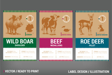 Wild Boar, Beef, Roe Deer Farm and Game Meat Packaging Label vector design set. Including hand drawn rustic illustration on craft paper pack. Badge with county of produce and type of meat cuts © Art Food
