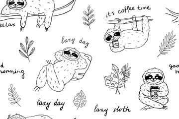 Cute seamless pattern of sloths with cup of coffee, sloths lie on a tree and tropical leaves in doodle style. Hand-drawn. Coloring. Outline. Black and white image. Vector illustration EPS10 © Natalia
