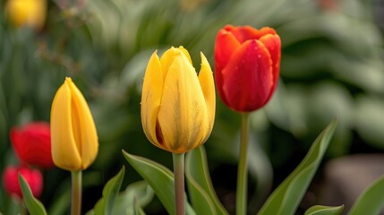 Obraz premium Close up shots of a tulip bud yellow tulip yellow tulip flower and blooming red tulips