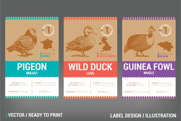 Pigeon, Gunea Fowl and Wild Duck Game Meat Packaging Label vector design set. Including hand drawn rustic illustration on craft paper pack. Badge with county of produce, storage rules and type of meat
