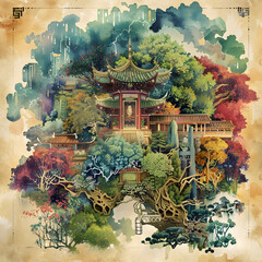 Obraz premium An illustration of a beautiful Chinese landscape with mountains, trees, and a river. The style is a mix of traditional Chinese painting and modern digital art. The colors are vibrant.