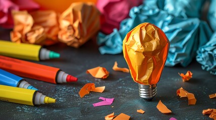 A deflated balloon shaped like a lightbulb, surrounded by crumpled paper and broken markers, representing a failed creative concept