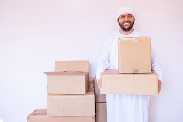 Arabic man holding box of cartoon