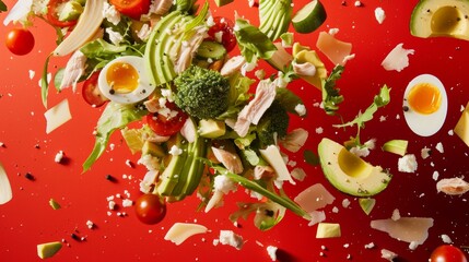 Vibrant Display of Cobb Salad Ingredients Against Radiant Red Background - Perfect for Dynamic Health Food Advertisement