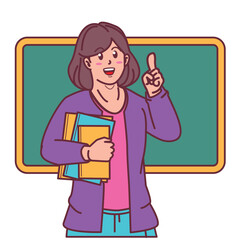 cartoon female teacher carrying books, and blackboard behind