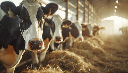 The cows standing in the stalls on a modern farm, livestock industry. Copy space.