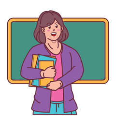 cartoon female teacher carrying books, and blackboard behind