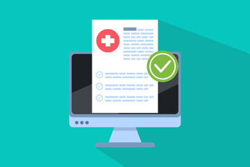 Concept Digital document of medical prescription or online test result report on laptop computer screen image, pc with online healthy electronic checklist from, remote internet medicine.
