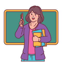 cartoon female teacher carrying books, and blackboard behind