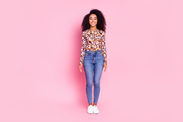 Full length photo of charming girly woman wear print shirt smiling empty space isolated pink color background