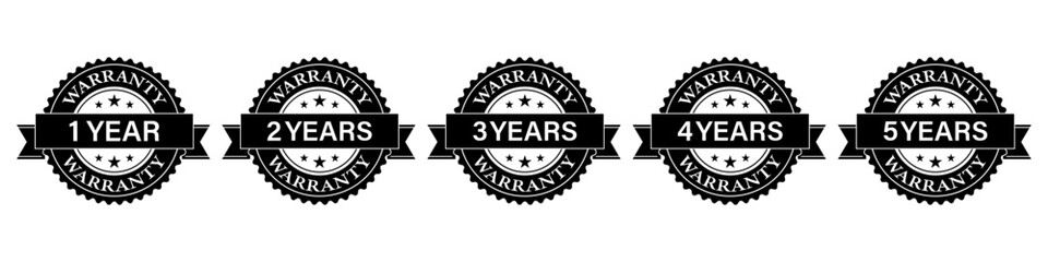 Set of Warranty Sign. 1,2,3,4,5 Years Warranty. Vector Illustration Isolated on White Background. 