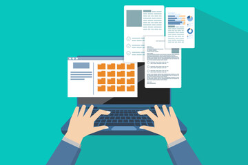 File manager or document storage concept, Laptop files and documents, Email Attachment Files, Online communication, Checking New Emails on Laptop Screen Display. flat vector illustration on background