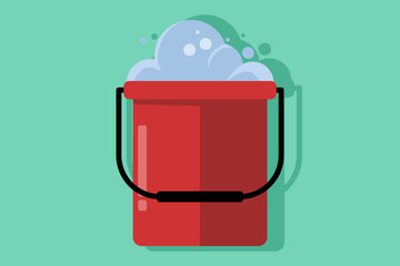 Cleaning equipment concept, water bucket icon, flat cartoon pail or pail with foam and bubbles, brush, foam sponge and soap, flat vector illustration isolated on background.