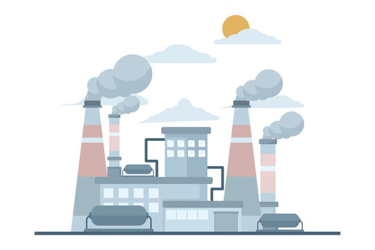 recommend clip art: air pollution concept, factory with polluting CO2 cloud smoke isolated on white co2 dioxide emission production from factory symbol, air quality damage, flat vector illustration on white background.