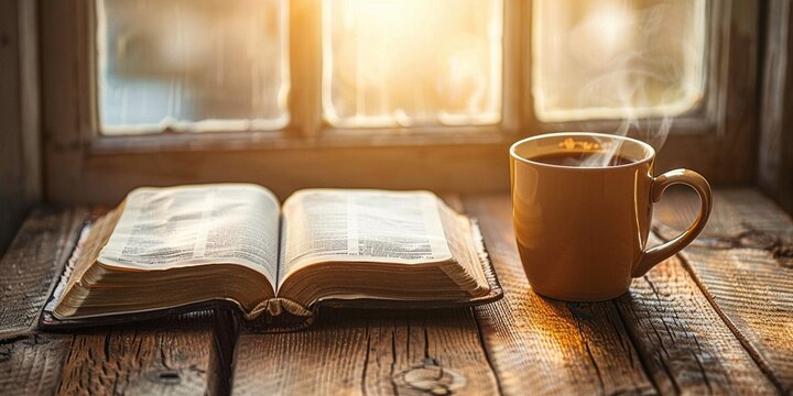 Open bible with a cup of coffee for morning devotion on wooden table with window light