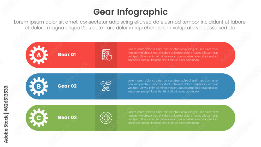 Poster gear cogwheel infographic template banner with round rectangle shape stack with 3 point list informa