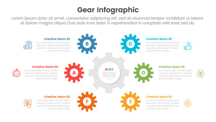 gear cogwheel infographic template banner with circular cycle on center with 6 point list information for slide presentation