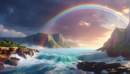 Scenic Ocean Landscape with Double Rainbow