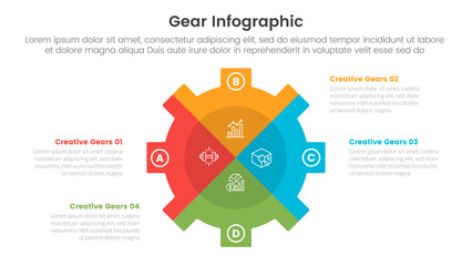 gear cogwheel infographic template banner with big shape with x slice separation with 4 point list information for slide presentation