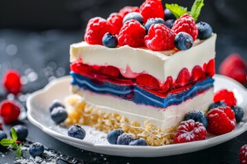 A vibrant 4th of July dessert with luscious red, white, and blue layers adorned with fresh, juicy berries.