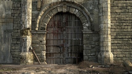 Fototapeta premium Castle Gate. Ancient Wall Detail of Closed Entrance to Medieval Architecture