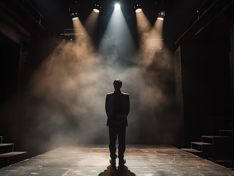 A stark, black box theater stage, minimally lit with overhead spotlights on an actor delivering a powerful monologue, emphasizing the intensity of the performance