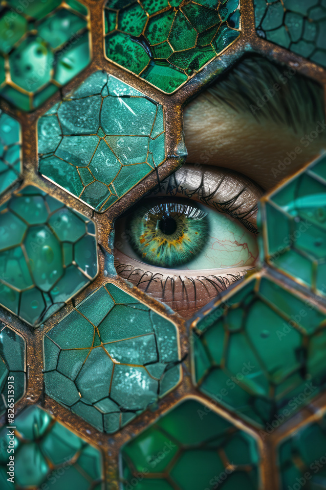 Poster isometric pattern of hexagonal grids with embedded c icons,