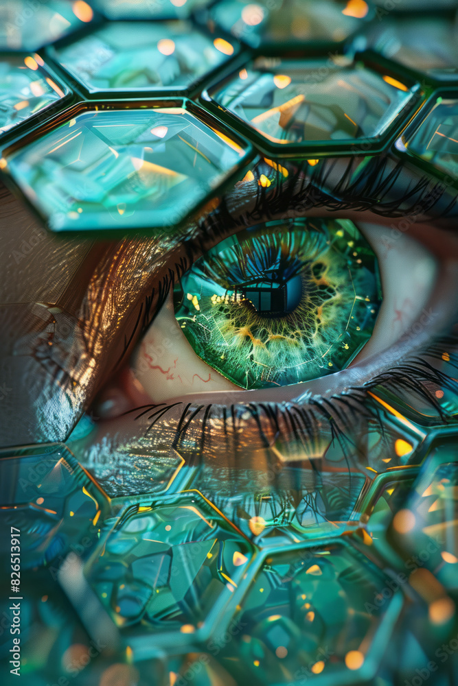 Fototapete isometric pattern of hexagonal grids with embedded minimalist eye icons,