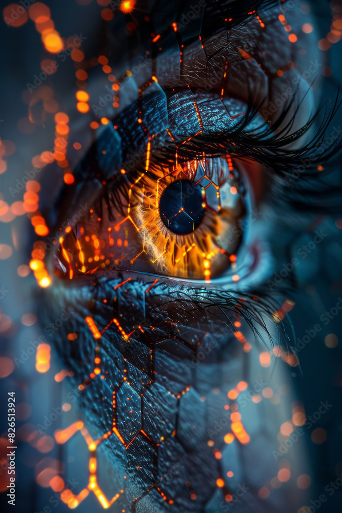 Fototapete Isometric pattern of hexagonal grids with embedded minimalist eye icons,