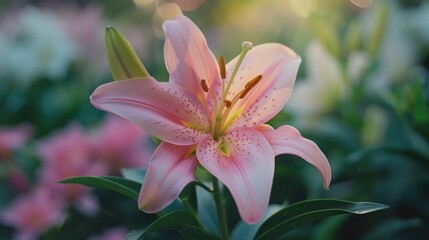 Fototapeta premium Pink lily flower in garden seen up close